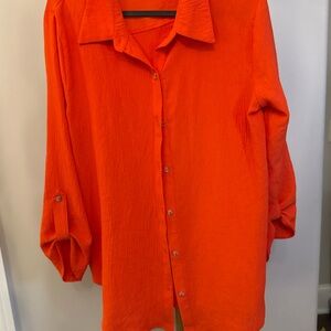 Lily Star Bold Orange Button down shirt Top Sz L